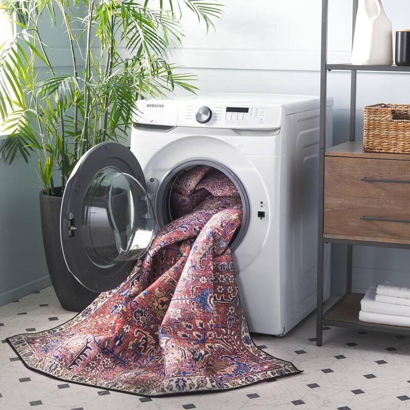 SAFAVIEH Tucson Machine Washable Slip Resistant Loula Oriental Distressed - 2' 6" x 4' - Red/Beige - Rectangle