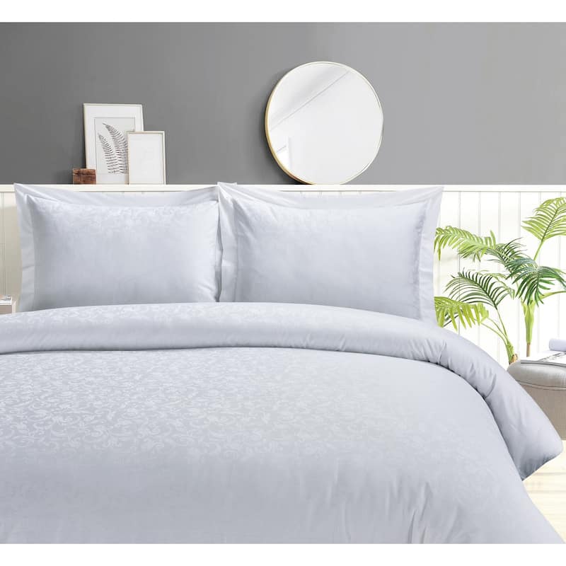 Violet Linen French Royal Damask Pattern, 300 Thread Count - Cotton Jacquard Sateen, White, Bedding Duvet Cover Set - Full