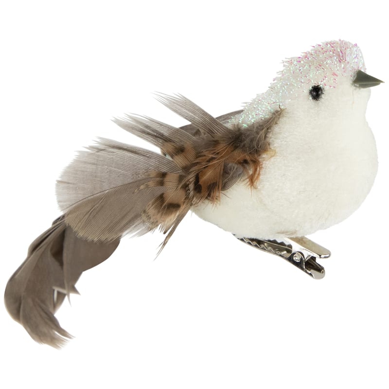 Bird with Clip and Feathers Christmas Ornament - 6" - White and Brown