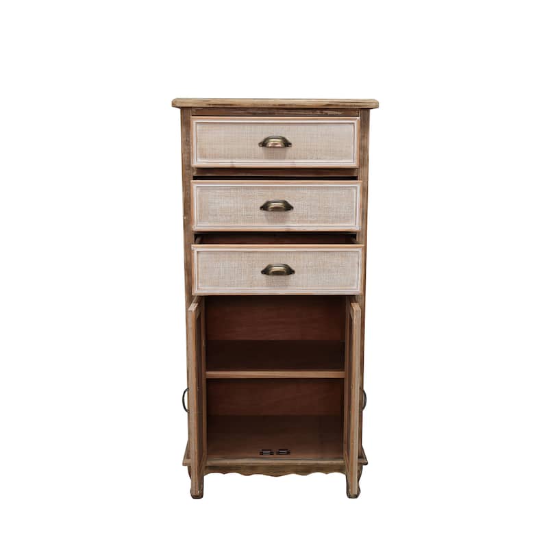 Rustic Wooden Storage Cabinet with Decorative Cutout Door & 3 Drawers, Tall Narrow Organizer for Living Room, Bedroom