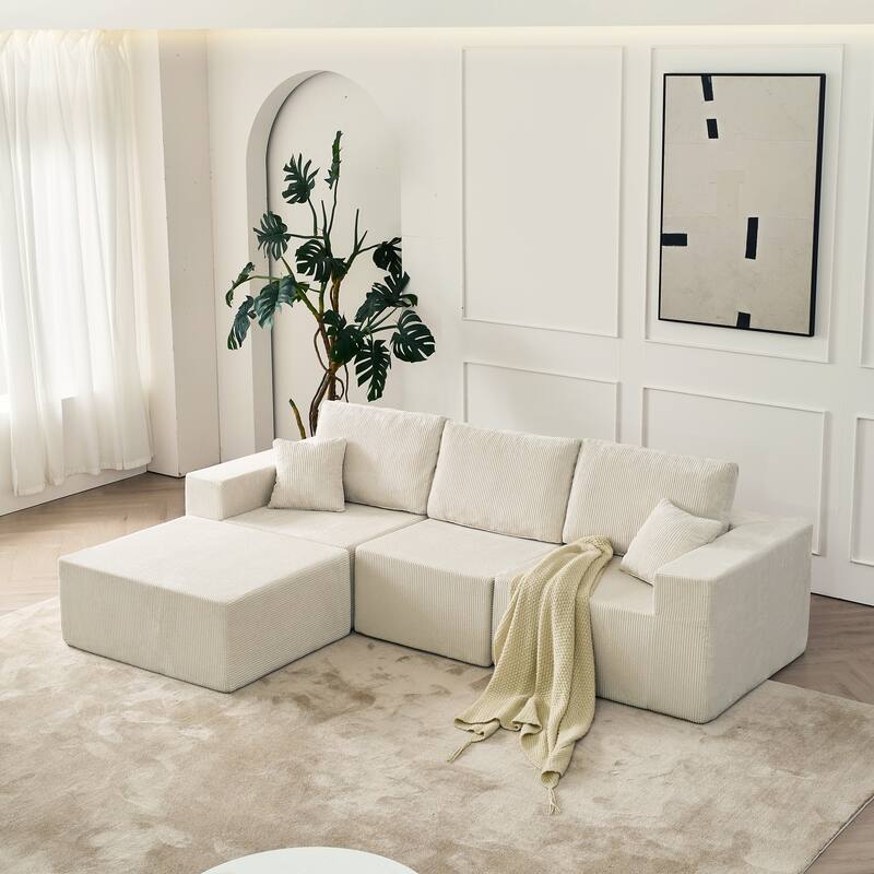 110" Modular Cloud Sectional - 3-Seater with Ottoman & 2 Pillows, Boneless Design for Living Spaces - Beige