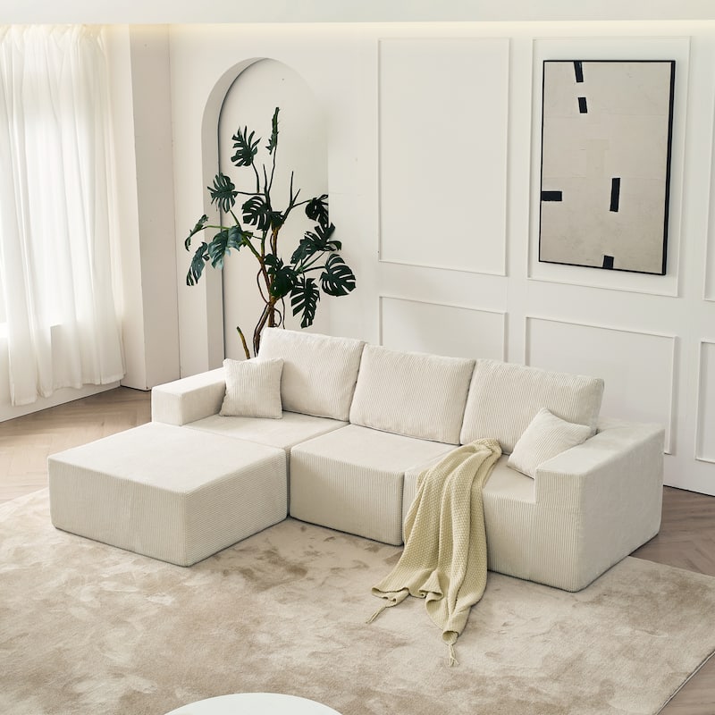 Corduroy Fabric 3 Seater Sectional Sofa with Ottoman Chaise Transforms Into Sleeper Sofa Bed, Modular Flexible Cloud Sofa Set - Beige