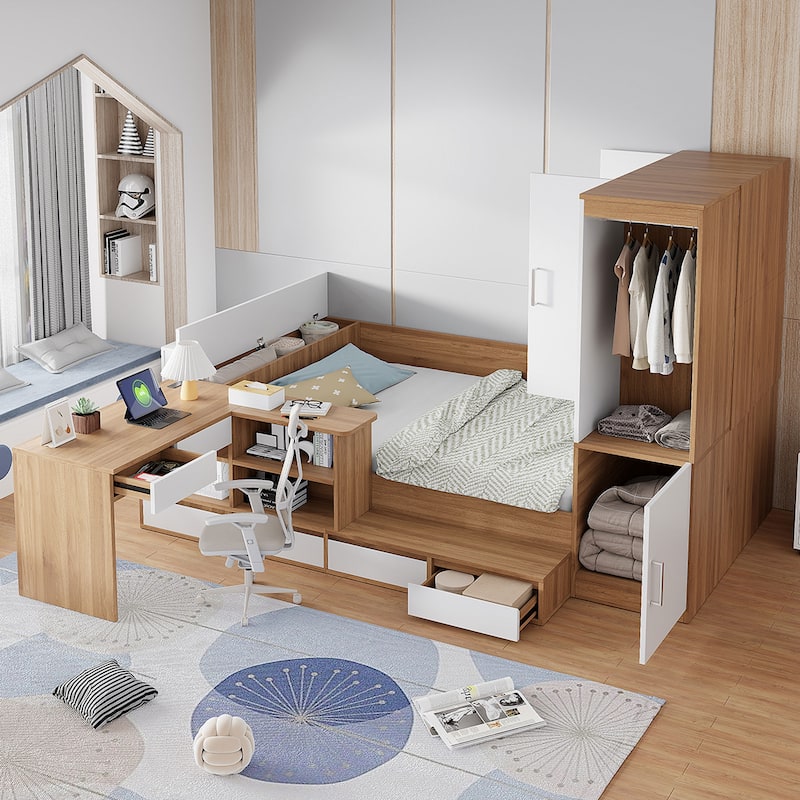 Full Size Corner Bed Frame with 6 Drawers, Wood Platform Storage Bed with Shelves and Wardrobe & Desk, Modern Floor Bed Frame - Natural
