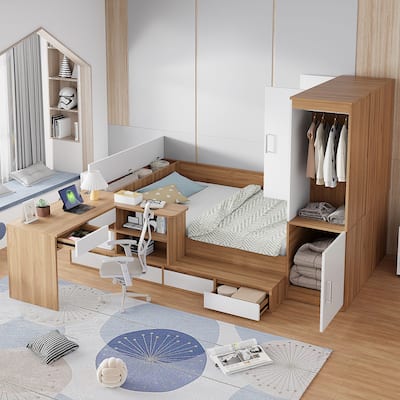 Full Size Wooden Platform Bed With 6 Drawers, Shelves, Desk And Wardrobe