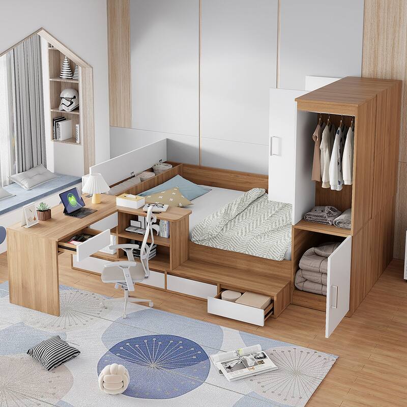 Full-Size Wooden Platform Bed with Built-In Desk, Wardrobe, and Ample Storage by Harper&Bright Designs - Natural