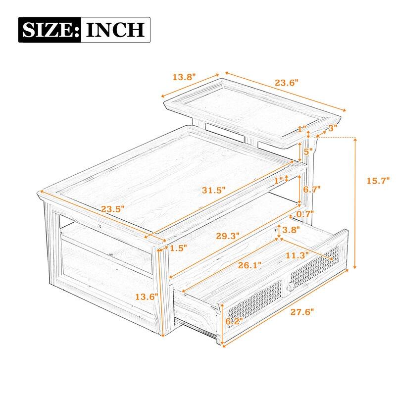 Modern Coffee Table, Coffee Table with 1 Storage Shelf, 2 Tabletops and 1 Rattan Drawer For Living Room