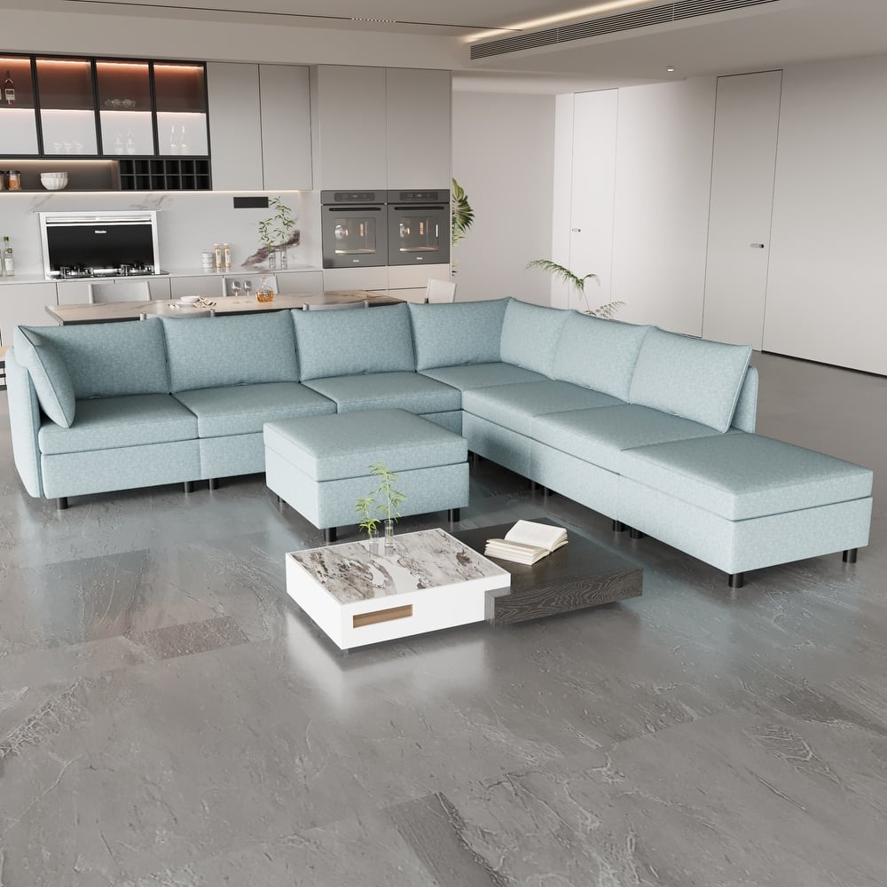 129" Convertible 8-Seat Modular Sofa with Storage Ottoman