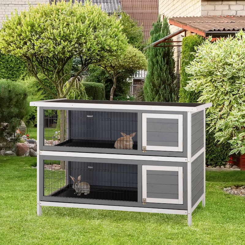 Dark Grey Fir Wood Bunny Hutch with Metal Wire, Dual Cages and Roof - 53.75" L x 19.75" W x 36.5" H - Dark Grey