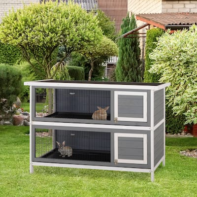 Dark Grey Fir Wood Bunny Hutch with Metal Wire, Dual Cages and Roof - 53.75" L x 19.75" W x 36.5" H
