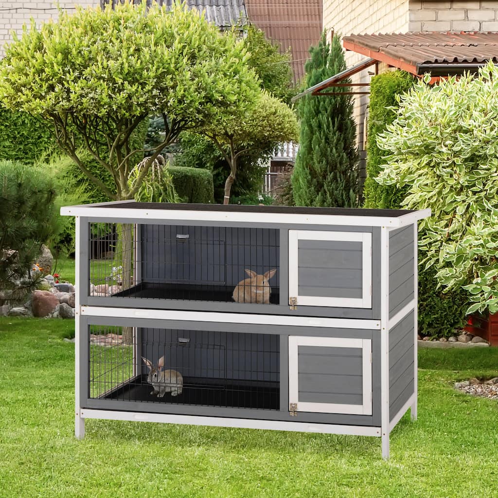 Dark Grey Fir Wood Bunny Hutch with Metal Wire, Dual Cages and Roof - 53.75" L x 19.75" W x 36.5" H