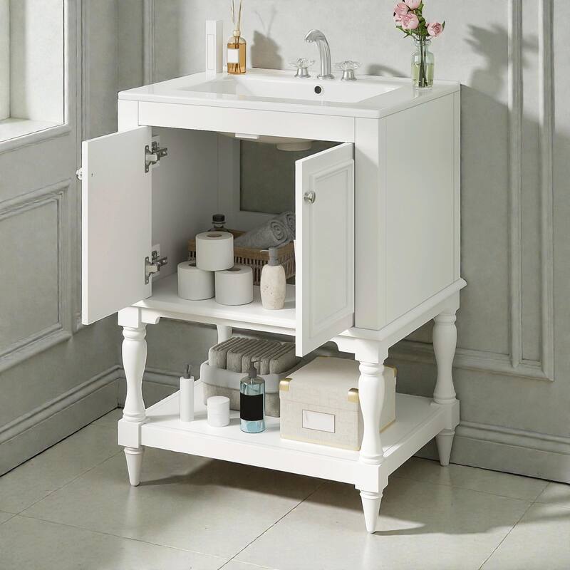 24" Modern Luxury Bathroom Vanity with Ceramic Sink, Freestanding Cabinet with Open Shelf and Enclosed Storage