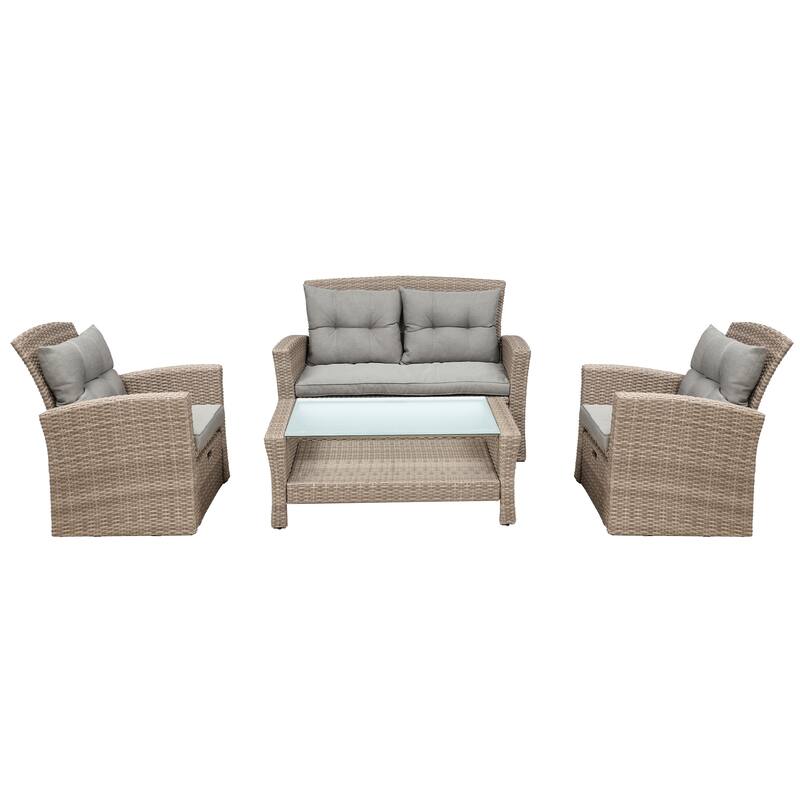 6-Piece Outdoor Patio Rattan Conversation Sofa Set with Tempered Glass Coffee Table and Ottoman