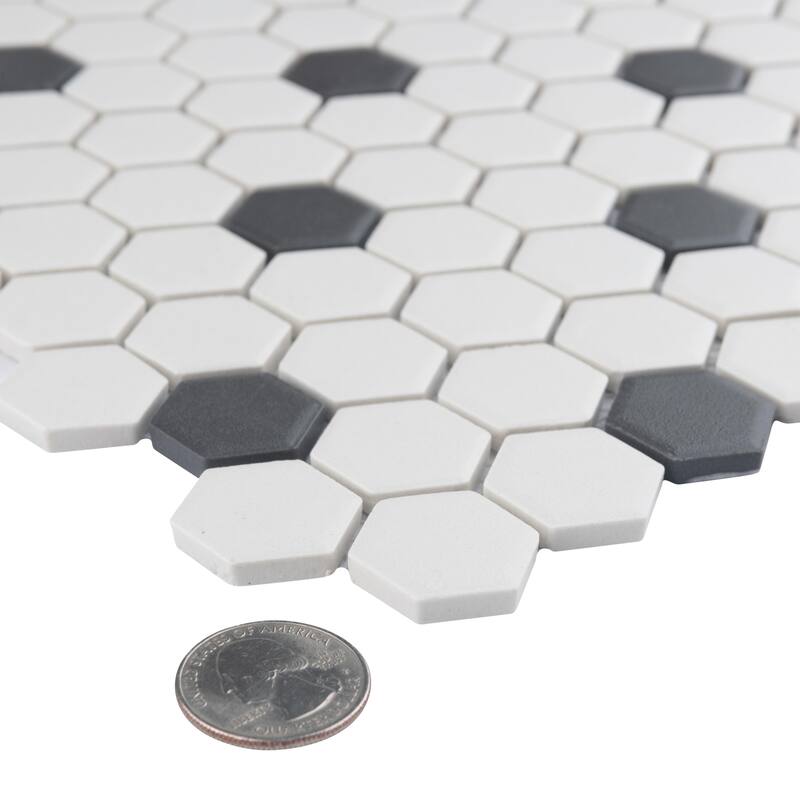 Merola Tile Gotham Hex Series Antique White and Black 10-1/4" x 11-7/8" Porcelain Mosaic Tile