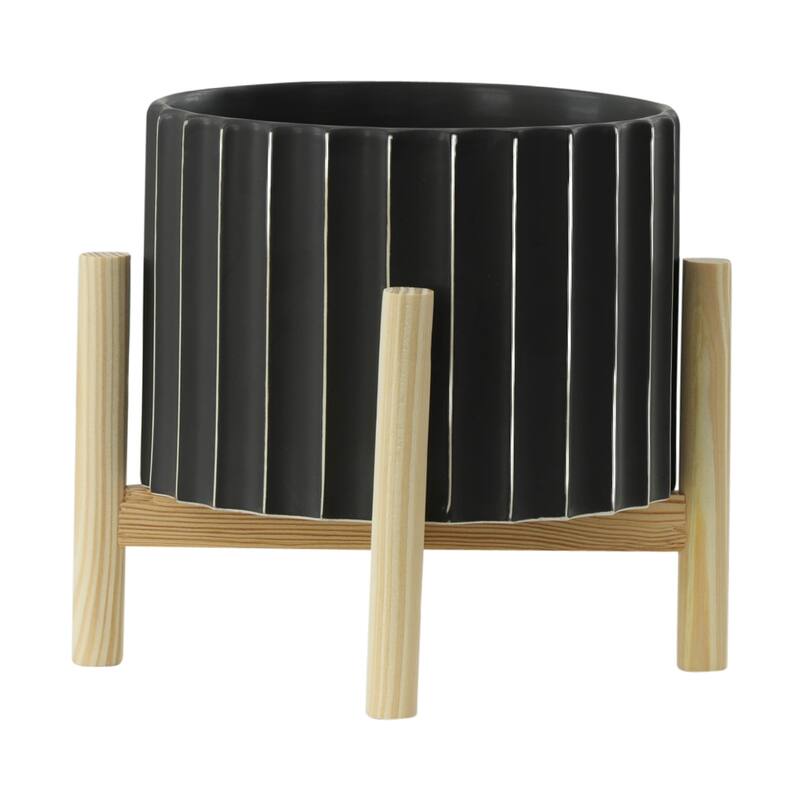 Ceramic Fluted Planter with Wood Stand - Black