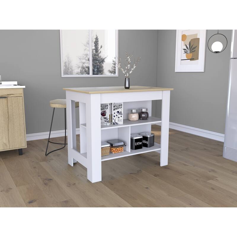 Kitchen Island, Kitchen Table 35" H, Three Open Storage Shelves, Four Legs, White/Light Oak - Multi