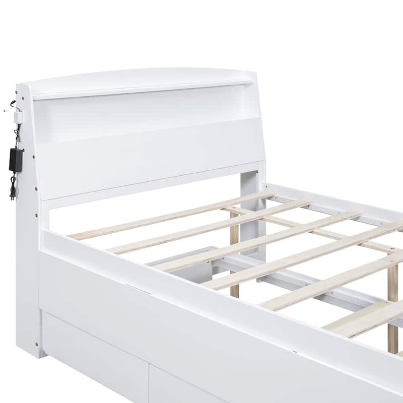 White Full Size Platform Bed with Storage LED Headboard, Twin Size Trundle and 3 Drawers