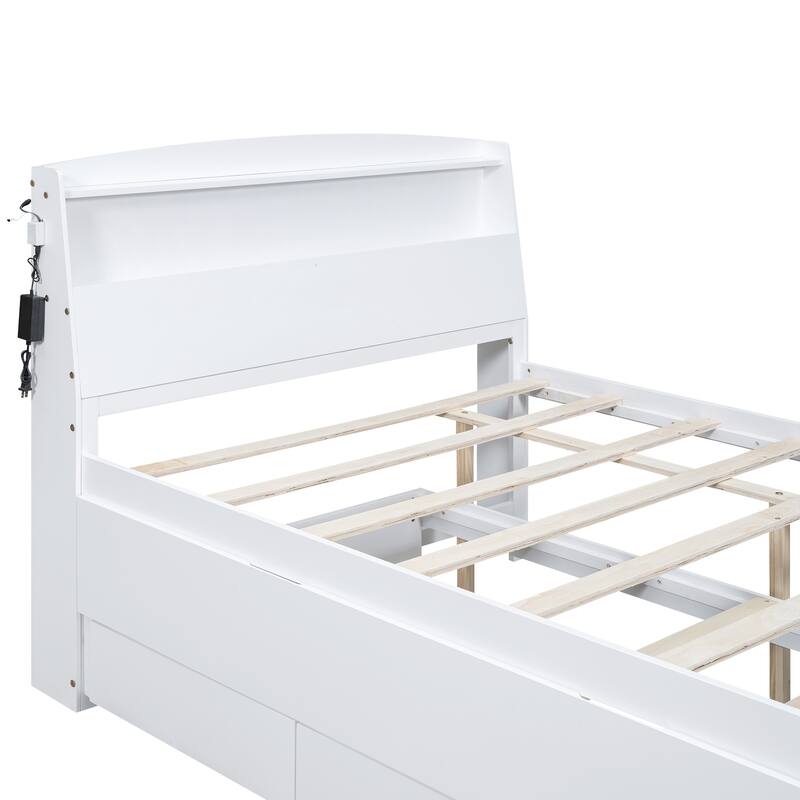 White Full Size Storage Platform Bed with LED Headboard, Twin Trundle and 3 Drawers
