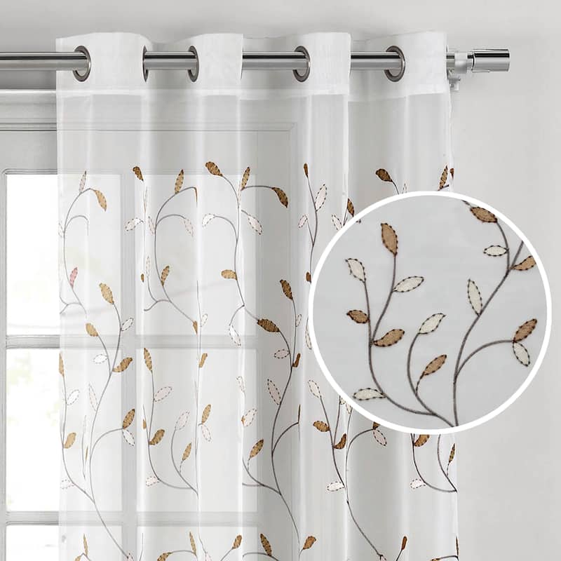 Wavy Leaves Embroidered Sheer Extra Wide Window Curtain (Single Panel)