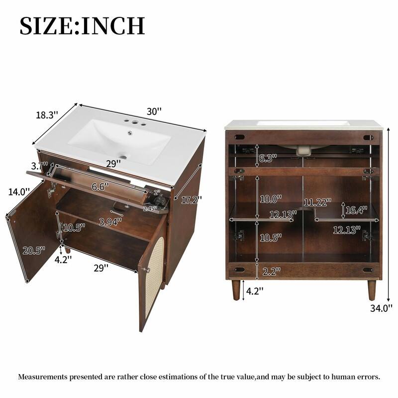 30" Bathroom Vanity with Ceramic Sink, Solid Wood Cabinet, Adjustable Shelf, Tip-Drawer & Rattan Panels