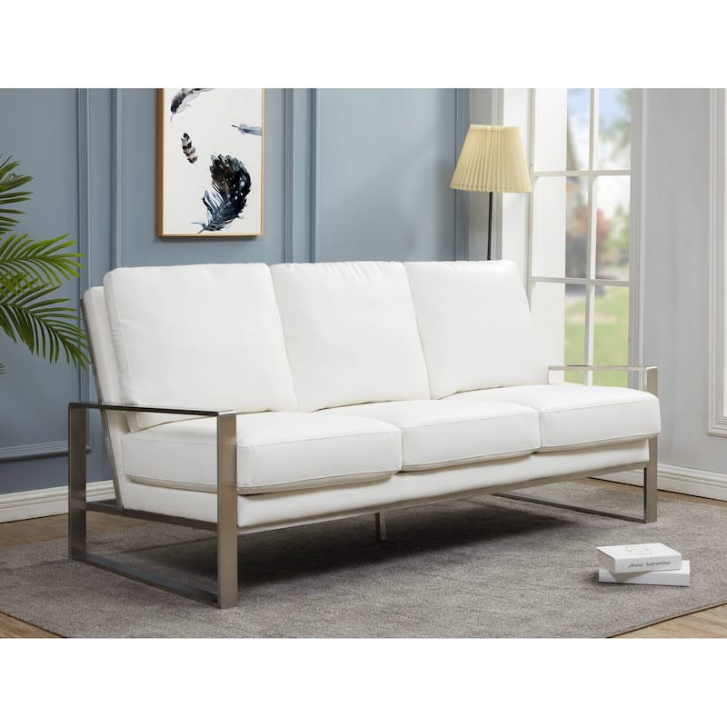 Leisuremod Jefferson Modern Design Faux Leather Sofa With Silver Frame - 77.1