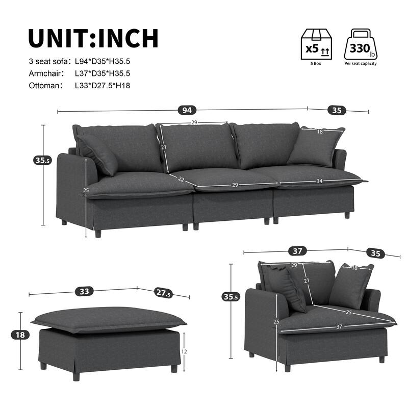3-Pieces Chenille Modular 5-Seat Sectional Sofa Set with Ottoman, and Pocket Spring Cushions (3-Seater + Armchair + Ottoman)
