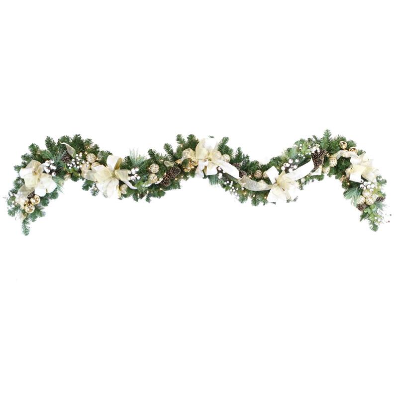 Holiday Bundle with 9' Decorated Garland and 32" Hydrangea Wreath - Cream, Gold - 32Hx32Wx9D, 10Hx8Wx108D