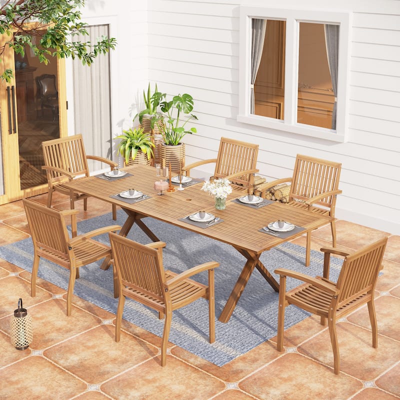 MAISON ARTS Acacia Wood 7/9-Piece Patio Dining Sets, Outdoor Dining Set with Expandable Teak Dining Table and Wooden Chairs - 7-Piece