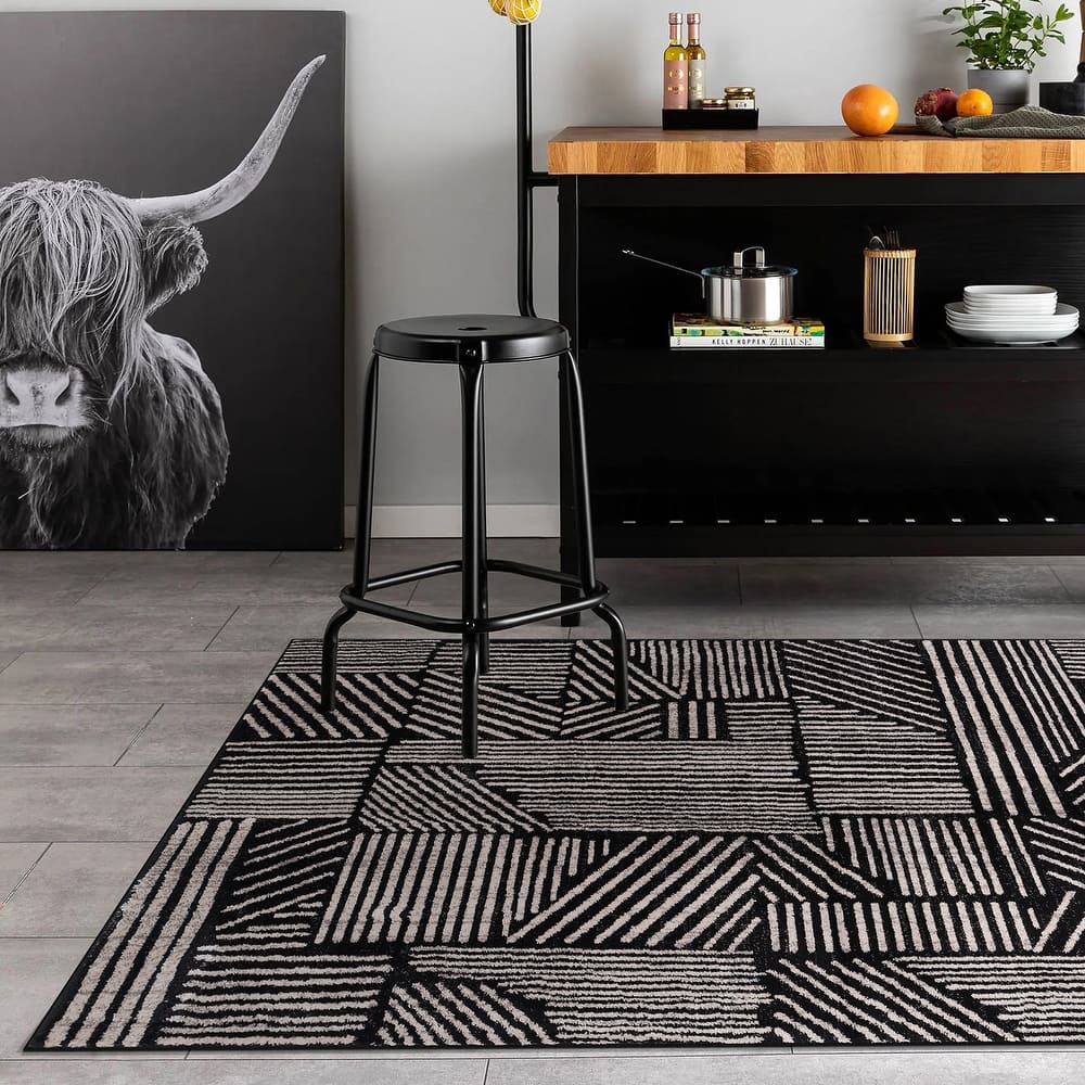 World Rug Gallery Contemporary Boho Stripes Black Area Rug