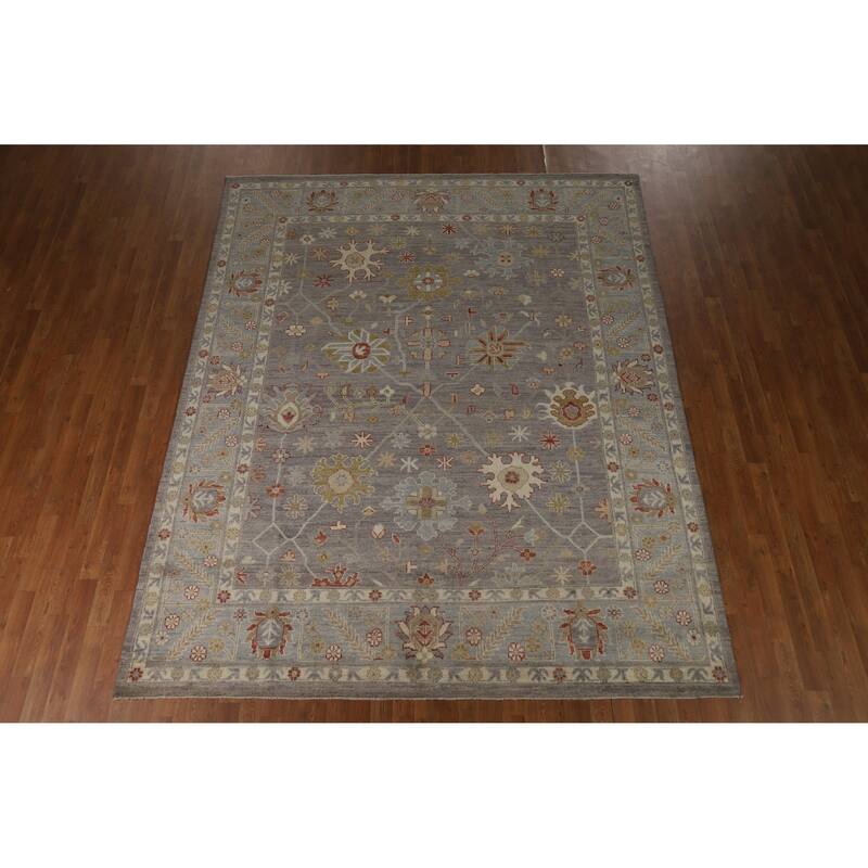 Hand Knotted Oriental 100% Wool Carpet Transitional All-Over Greys & Charcoal Oushak Area Rug - 9' 10'' X 7' 11''