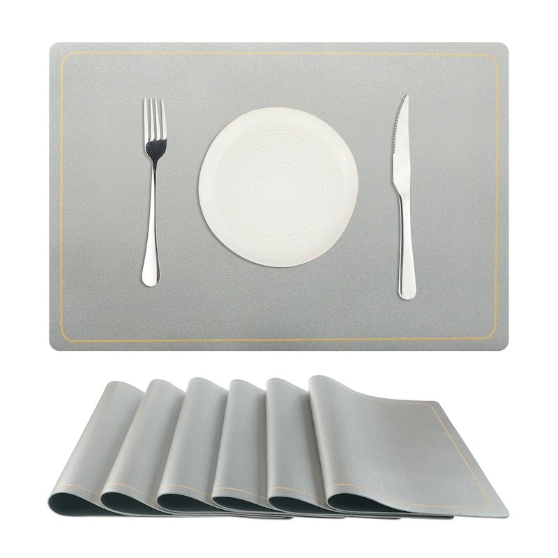 Set of 6 Heat Resistant Modern Faux Leather Placemats for Dining Room - 18x12 Inch - Silver