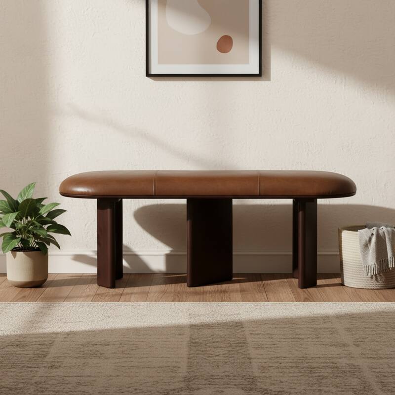 HomeRoots 48" Brown Genuine Leather and Solid Wood Upholstered Bench - 48.00 in. x 18.00 in. x 16.00 in. - 48.00 in. x 18.00 in. x 16.00 in. - Brown