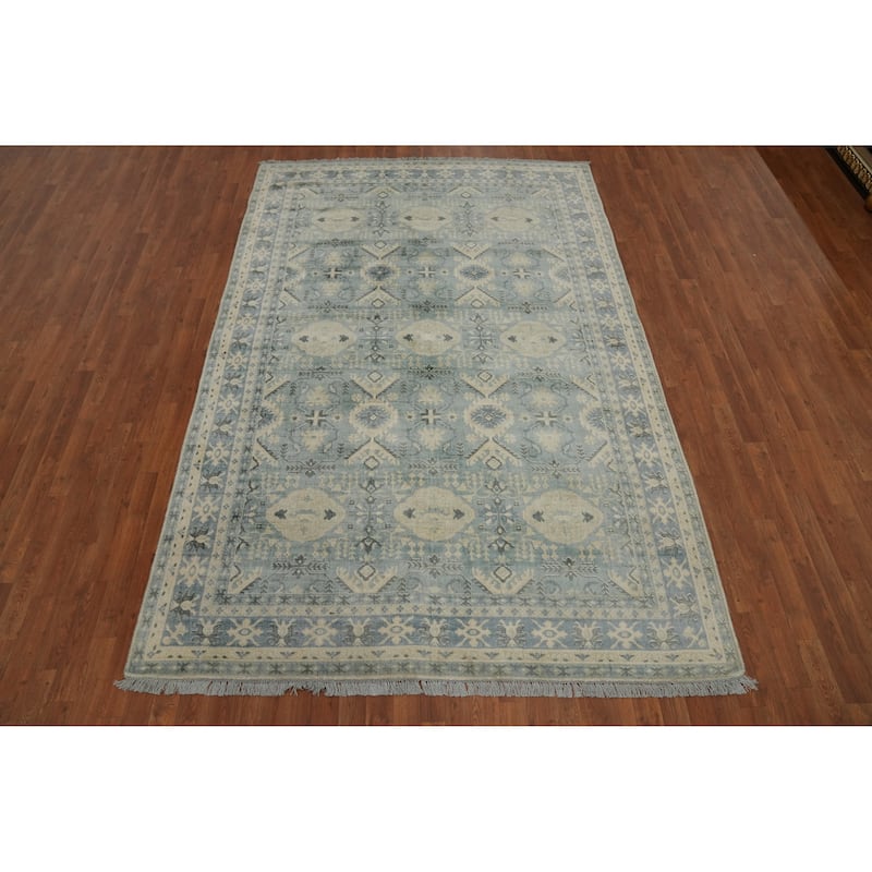 Hand-knotted Transitional Silk Carpet Blue Oushak Rug Geometric Oriental Area Rug - 9' 10'' X 6' 6''