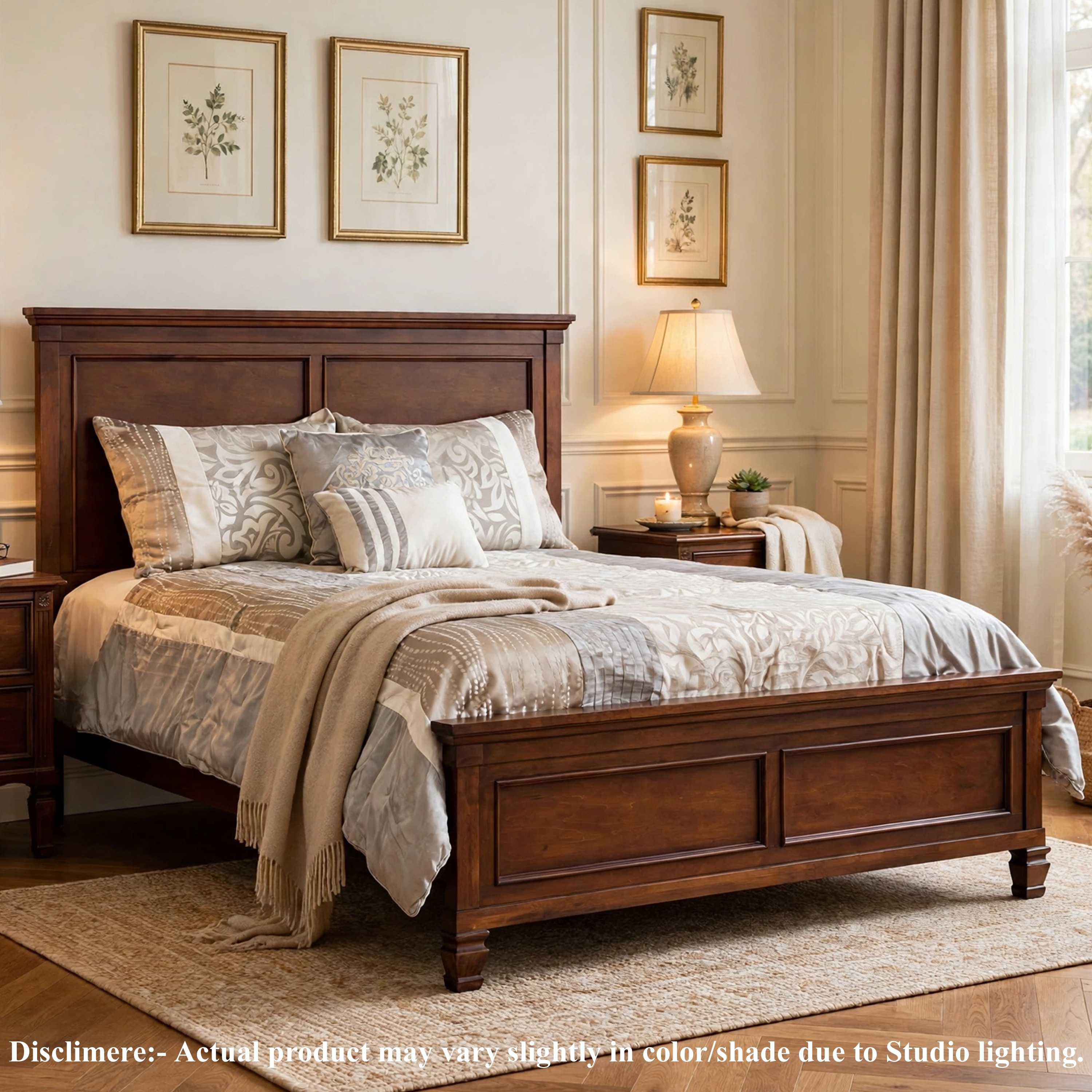 Umi King Size Bed, Solid Wood Panel Headboard, Farmhouse Cherry Brown
