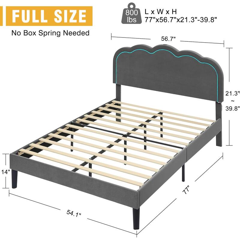 VECELO Luxury Velvet Smart Bed Frame with RGB Headboard & USB/Type-C Charging Height-Adjustable Headboard