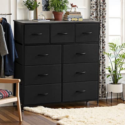 Dresser for Bedroom, Storage Organizer with 9 Drawers, Chest of Drawers with Fabric Bins, Sturdy Metal Frame, Wood Tabletop