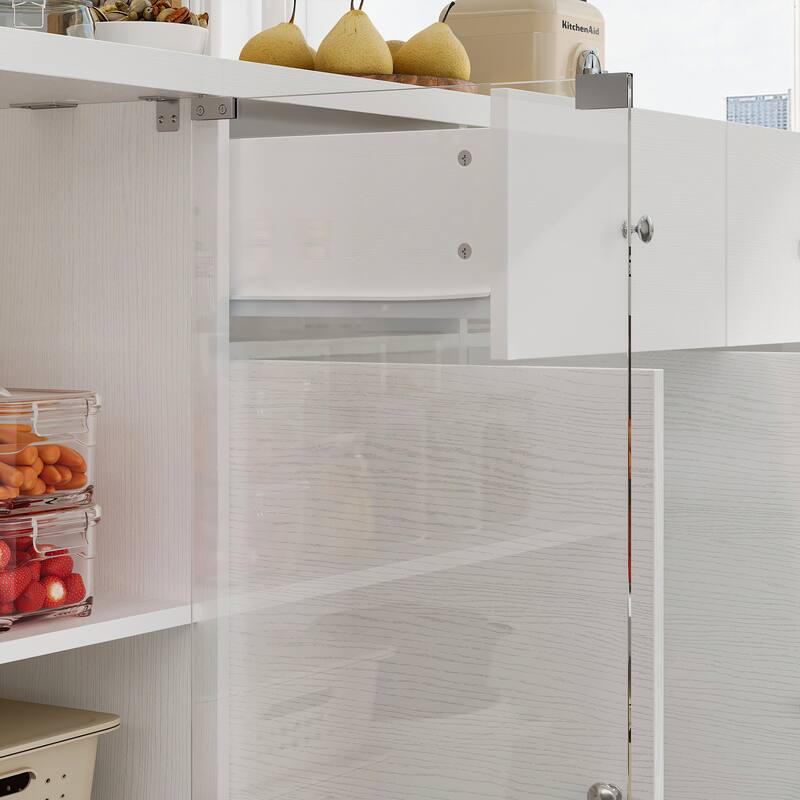 Modern Kitchen Island Buffet Cabinet with Storage Drawers and Tempered Glass Shelves, White Sideboard Cupboard