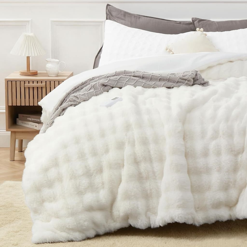 Fluffy Faux Fur Heated Comforter Blanket with Wireless Controller, Beige