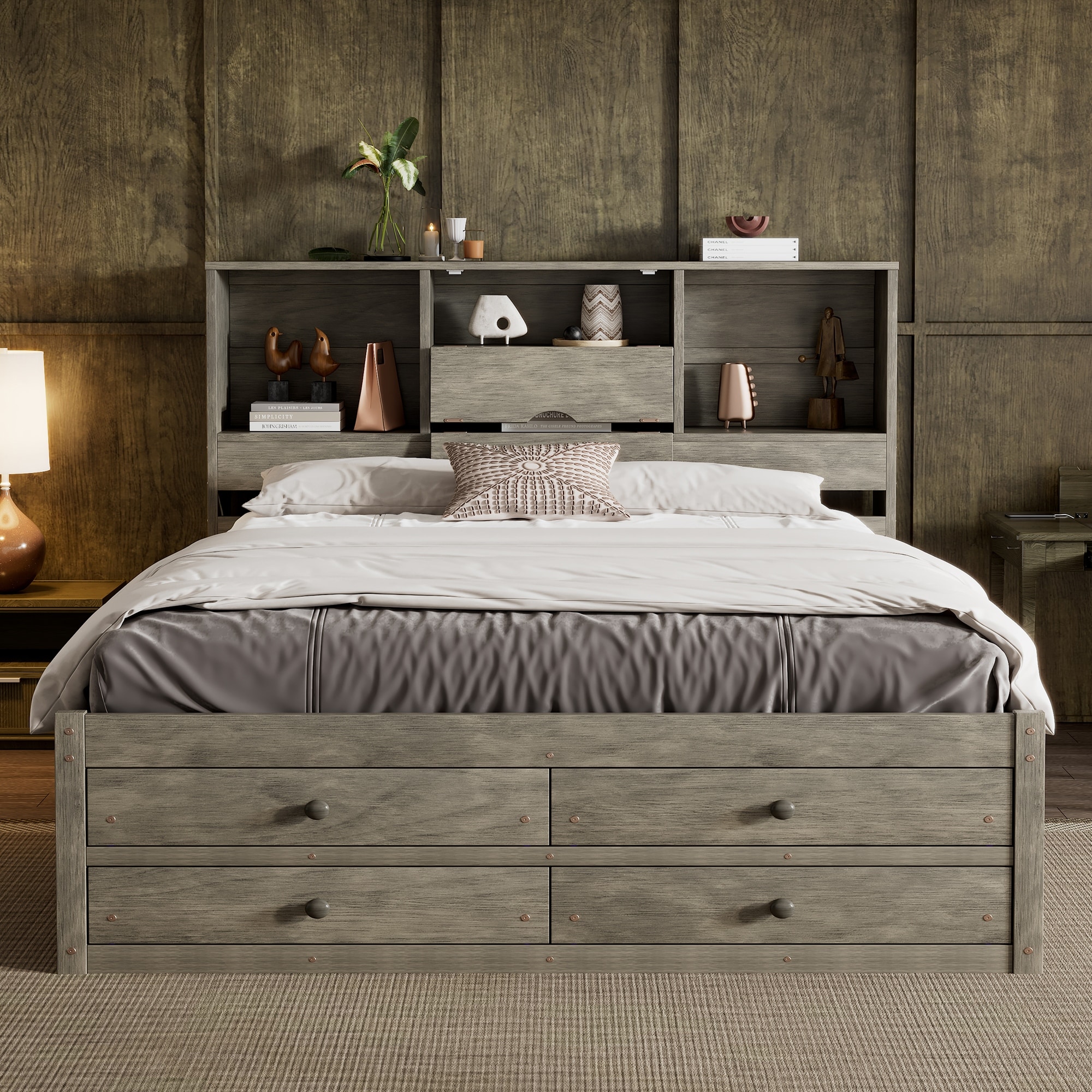 Multi-storage Platform Bed with Headboard and 8 Drawers