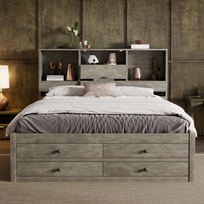 Queen Size Storage Bed Platform Bed with Open Storage Headboard, 4 Under-bed Drawers, 4 Bed End Drawers, Grey Wooden Bed