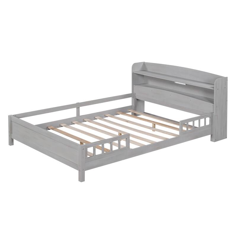 Multifunctional Wood Platform Bed, Twin/Full with LED Headboard Light & Storage