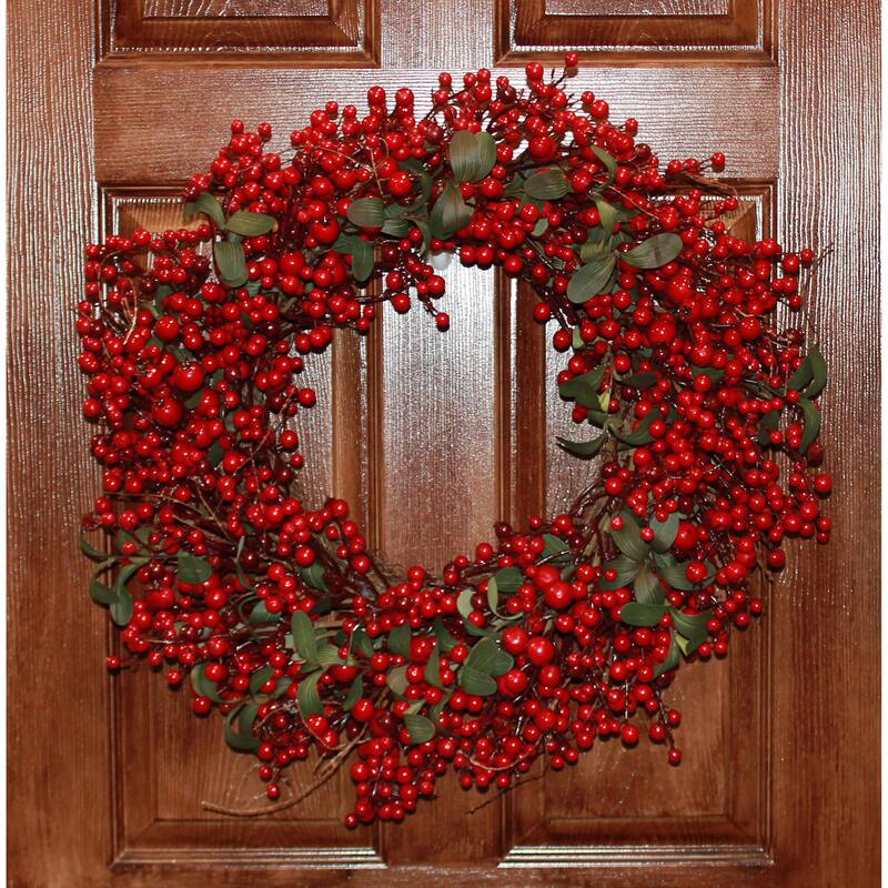 22" Artificial Christmas Red Holly Berry and Green Leaves Wreath on Natural Twig Base