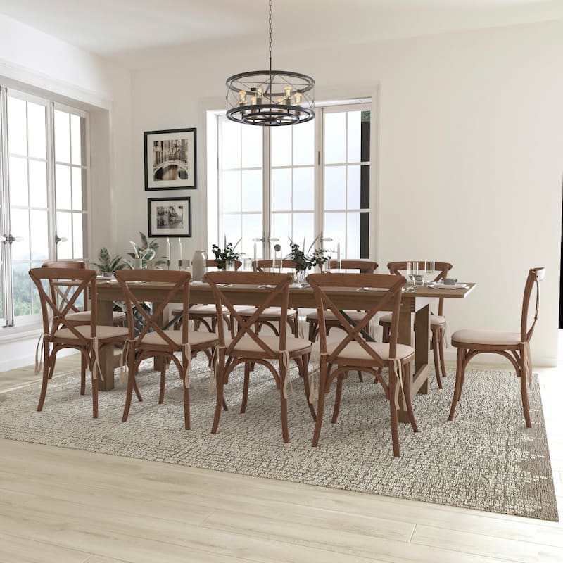 9' x 40" Rustic Folding Farm Table Set with 10 Cross Back Chairs and Cushions - Antique Rustic