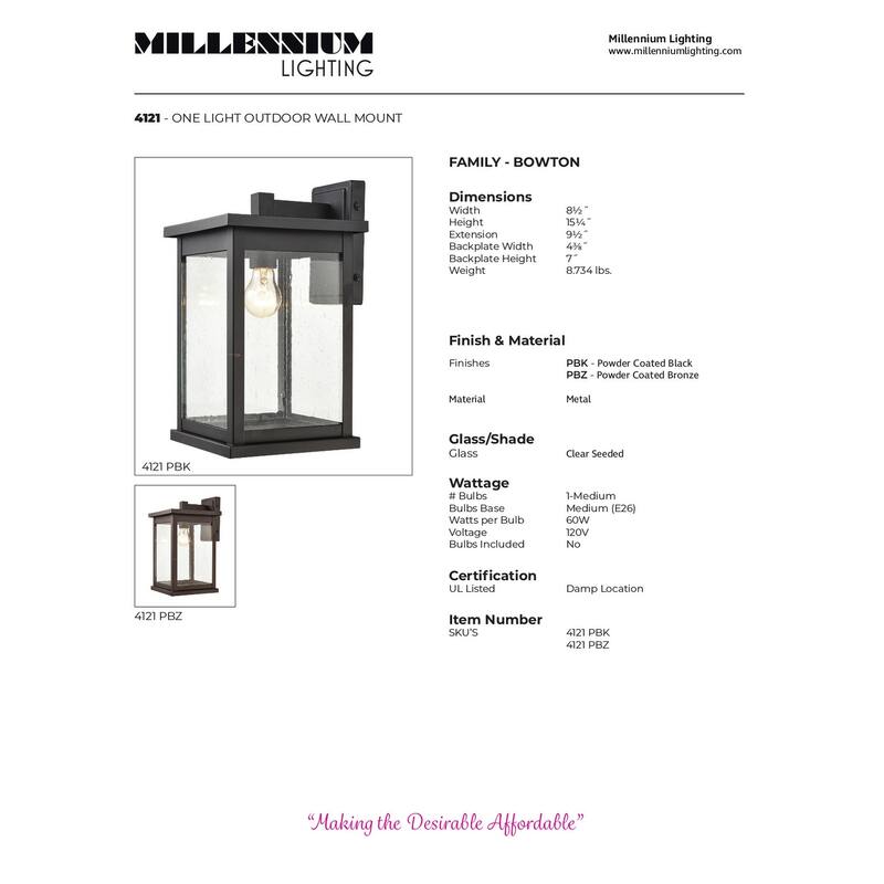Millennium Lighting Bowton 1 Light Outdoor Wall Sconce in Powder Coat Bronze with a Clear Glass Shade