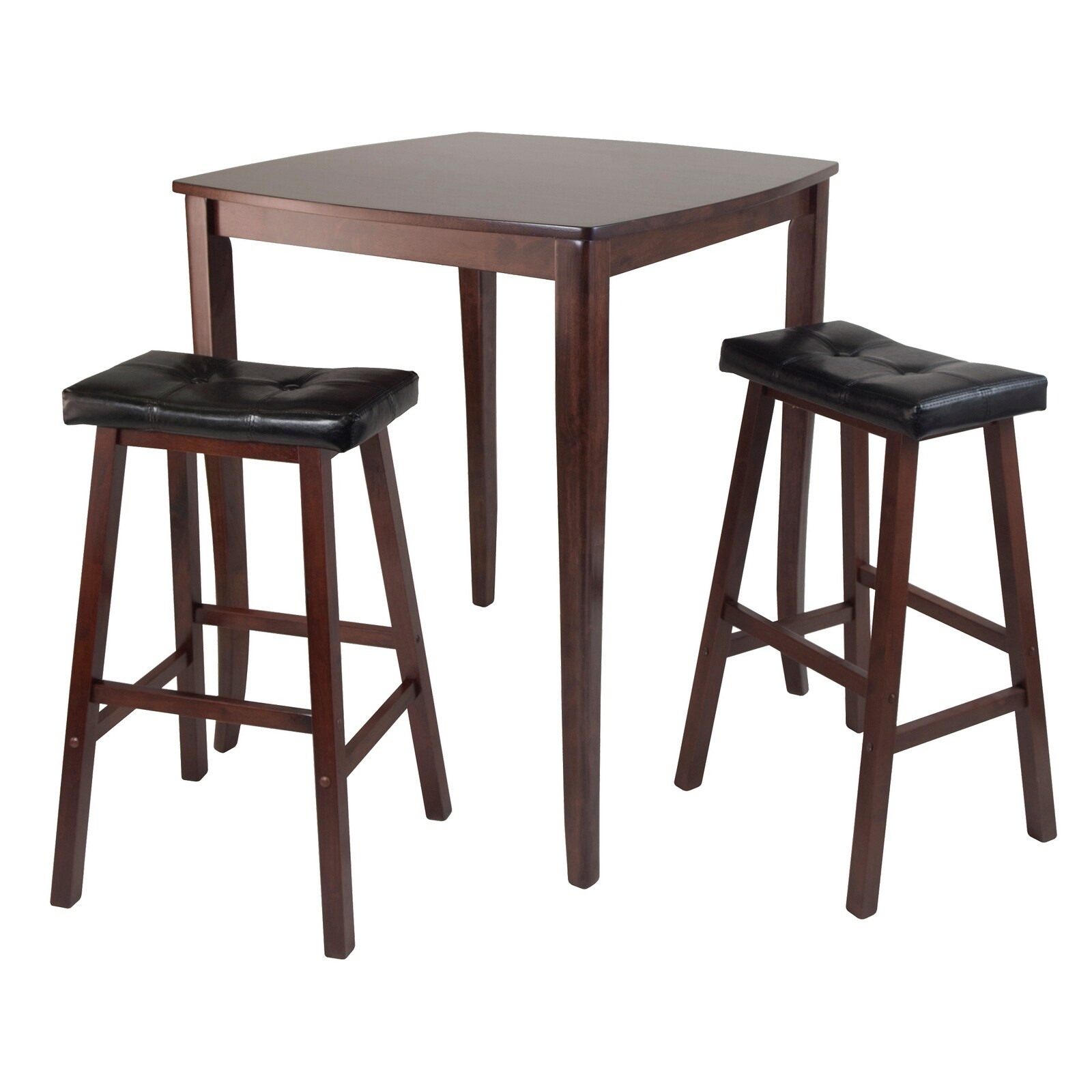 3 Pc High Table with Cushioned Saddle Seat Bar Stools Walnut and