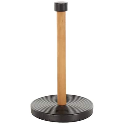 Metal Paper Towel Holder with Brown Wood Post - Black - Roche River Decor - 7"W x 7"L x 12"H