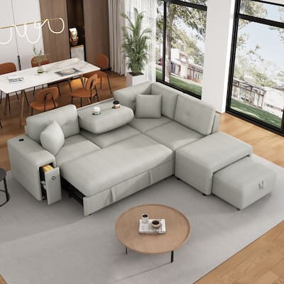 86.6" L-Shaped Sofa with Pull-Out Bed, Ottoman, Drop-Down Table with Cup Holders