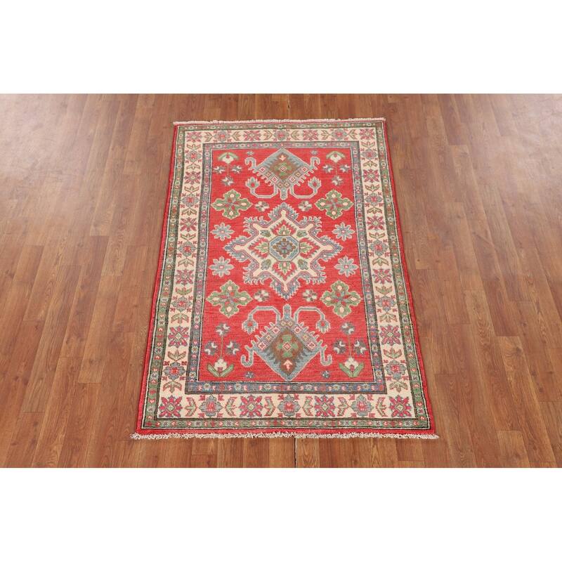Geometric Orange Kazak Rug Hand-Knotted Wool Carpet - 3'4" x 5'0"