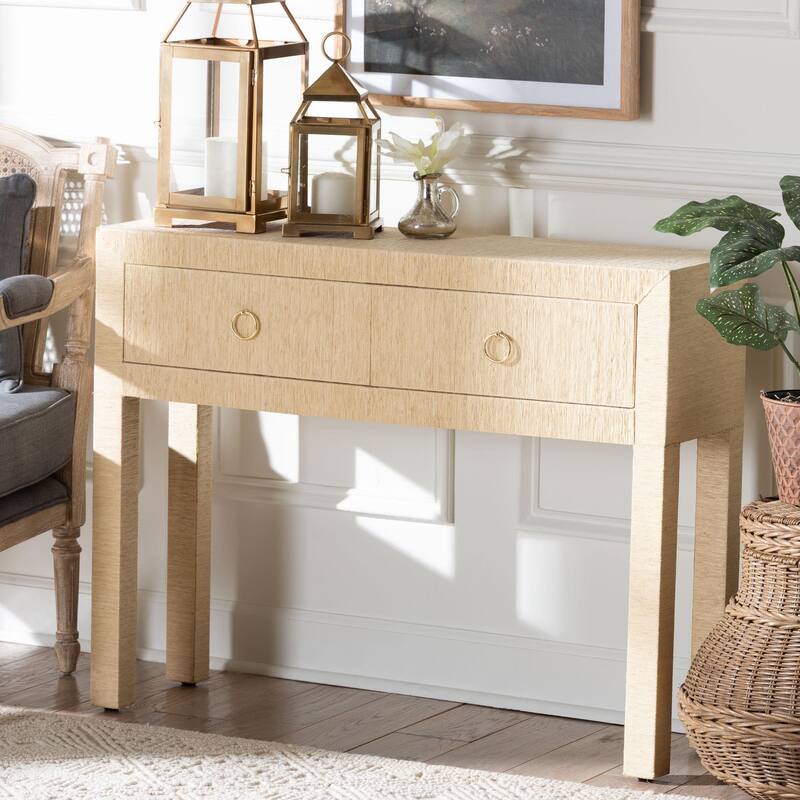 Noah Grasscloth 2-Drawer Console Table - Woven Texture Entryway Table with Gold Ring Pulls, Narrow Hallway or Living Room Accent