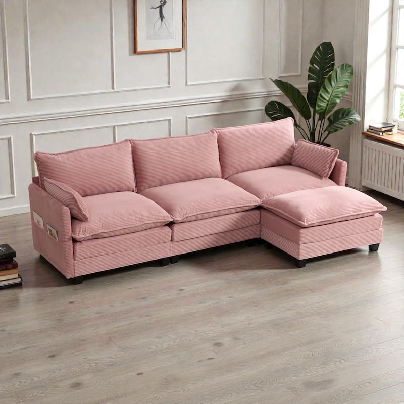 Oversized Modular Sectional Sofa with Ottoman, 102 Inch 4 Seat Corduroy L Shaped Couch for Living Room - Pink