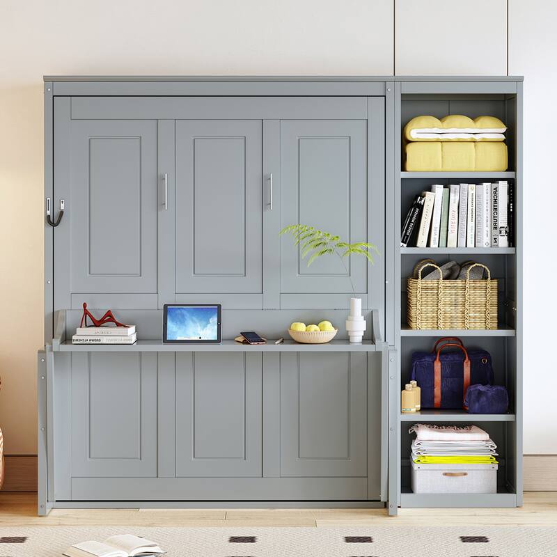 Murphy Bed with Bookshelf, Foldable Platform Bed with Desk, Storage Bed